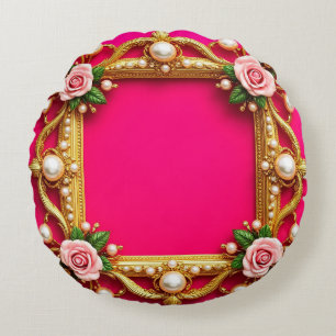 Golden Frame With Elegant Roses and Pearls Round Pillow