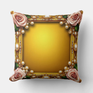 Golden Frame With Elegant Roses and Pearls Throw Pillow