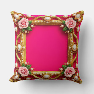 Golden Frame With Elegant Roses and Pearls Throw Pillow