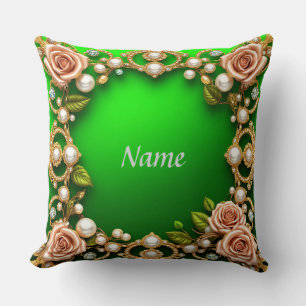 Golden Frame With Elegant Roses and Pearls Throw Pillow