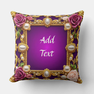 Golden Frame With Elegant Roses and Pearls Throw Pillow