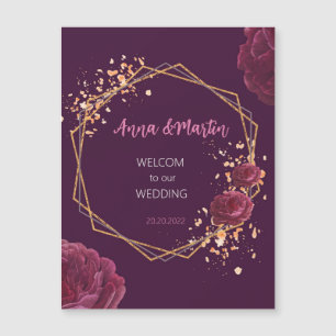 golden frame with flowers on a burgundy   magnetic invitation