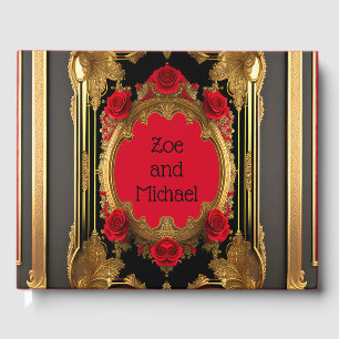 Golden frame with red roses, gothic photo wedding guest book