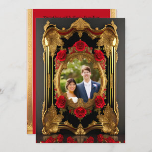 Golden frame with red roses, gothic style photo  invitation