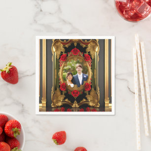 Golden frame with red roses, gothic style photo napkin