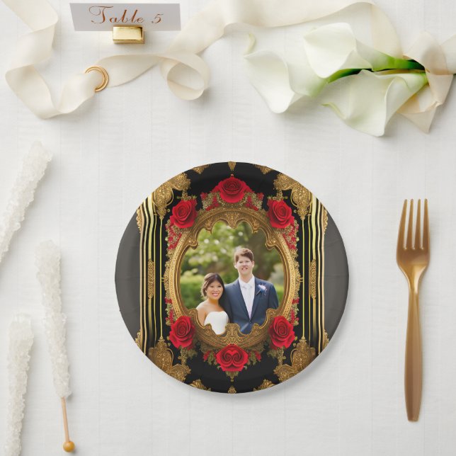Golden frame with red roses, gothic style photo  paper plate (Wedding)