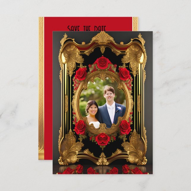 Golden frame with red roses, gothic style photo  save the date (Front/Back)