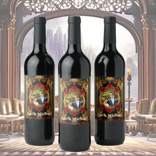 Golden frame with red roses, gothic style photo  wine label