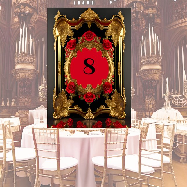 Golden frame with red roses, gothic style table number (Creator Uploaded)