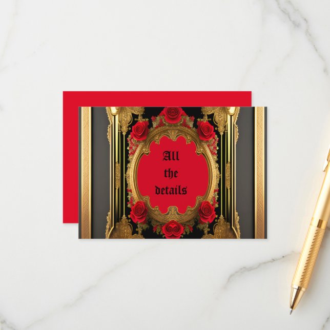 Golden frame with red roses, gothic wedding enclosure card (Front/Back In Situ)