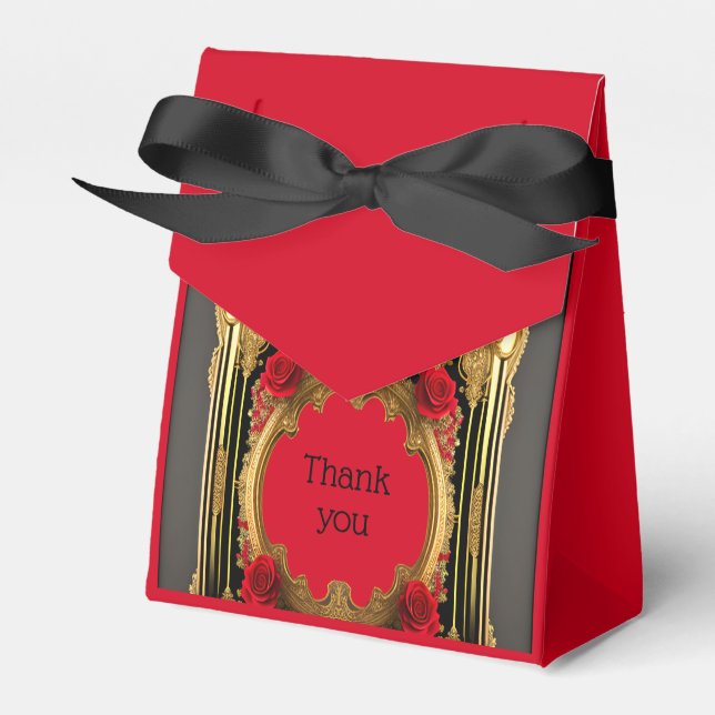 Golden frame with red roses, gothic wedding  favor box (Front Side)