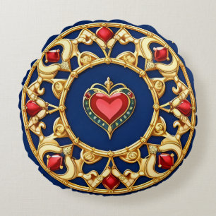 Golden Framed Heart Motif With Ornate Design Round Pillow
