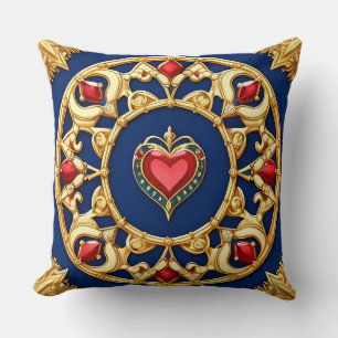 Golden Framed Heart Motif With Ornate Design Throw Pillow