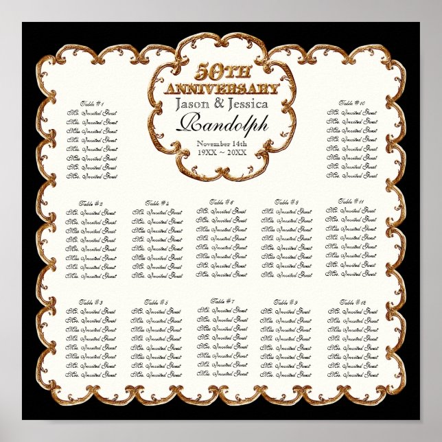 Golden French Swirl 50th Reception Seating Chart (Front)