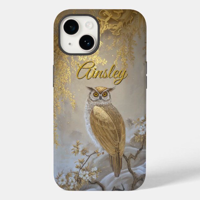 Golden Fukuro Owl with Blossoms Case-Mate iPhone Case (Back)