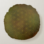 Golden Gaia Flower of Life Round Pillow<br><div class="desc">Color Energy
The green earth tones symbolize healing,  renewal and natural balance,  bringing a grounding and harmonious energy to your space.</div>