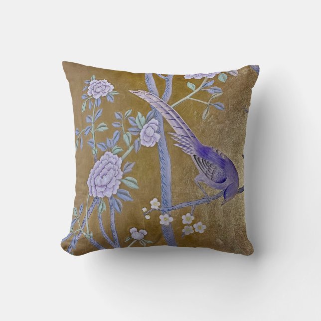 Golden Garden Chinoiserie Purple Bird  & Peony Throw Pillow (Front)
