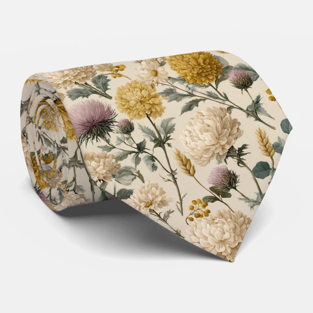 Golden Garden Chrysanthemum Wedding Tie (Rolled)