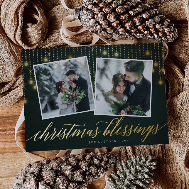 Golden Garland | Two Photo Foil Holiday Card (Creator Uploaded)