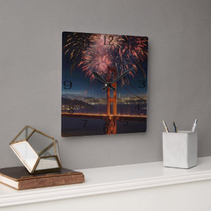 Golden Gate Bridge Fireworks Independence Day, Square Wall Clock