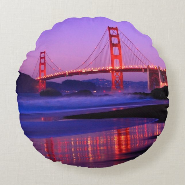 Golden Gate Bridge on Baker Beach at Sundown Round Pillow (Front)