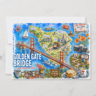 Golden Gate Bridge USA Watercolor Travel Postcads Invitation