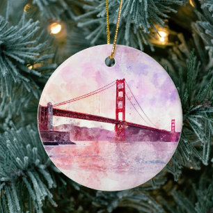 Golden Gate Bridge Watercolor at Sunset Ceramic Ornament