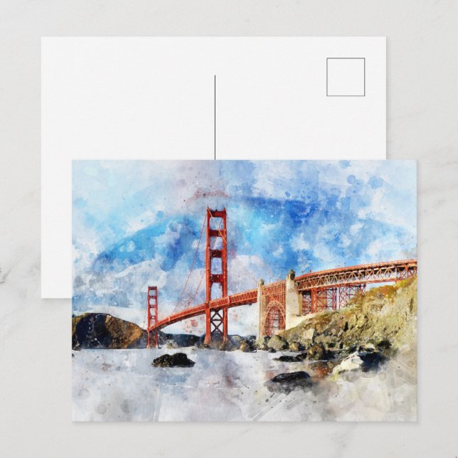 Golden Gate Bridge watercolor in San Francisco Postcard (Front/Back)