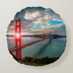 Golden Gate Bridge with Sun Shining through. Round Pillow