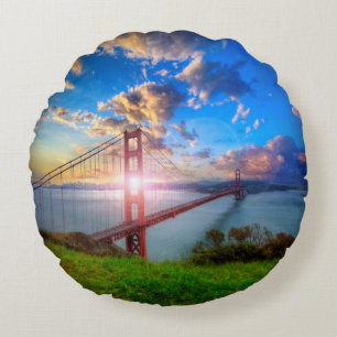 Golden Gate Sunrise Round Pillow