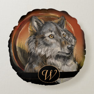 Golden Gaze Monogram Wolf Round Pillow