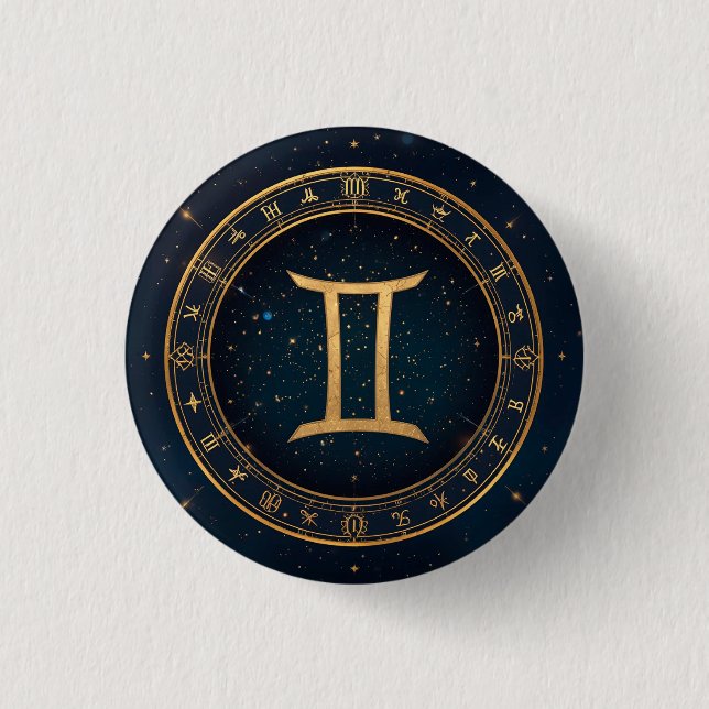 Golden Gemini Zodiac Circle With Starry Night 1 Inch Round Button (Front)