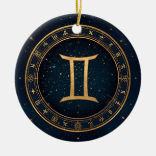 Golden Gemini Zodiac Circle With Starry Night Ceramic Ornament