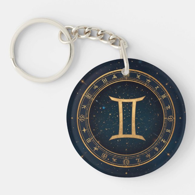 Golden Gemini Zodiac Circle With Starry Night Keychain (Front)