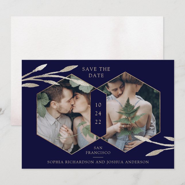 Golden Geometric | Botanical Two Photo Navy Blue Save The Date (Front/Back)