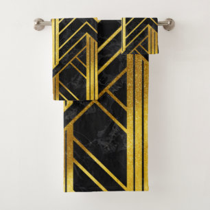 Golden Geometric Dimoned Art Deco on Black Marble Bath Towel Set