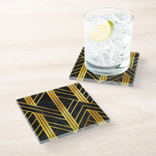 Golden Geometric Dimoned Art Deco on Black Marble Glass Coaster