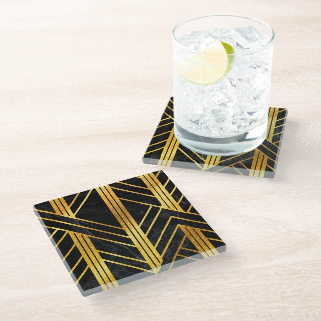 Golden Geometric Dimoned Art Deco on Black Marble Glass Coaster (Angled)