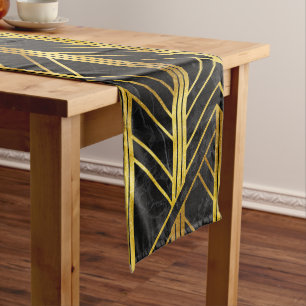 Golden Geometric Dimoned Art Deco on Black Marble Medium Table Runner