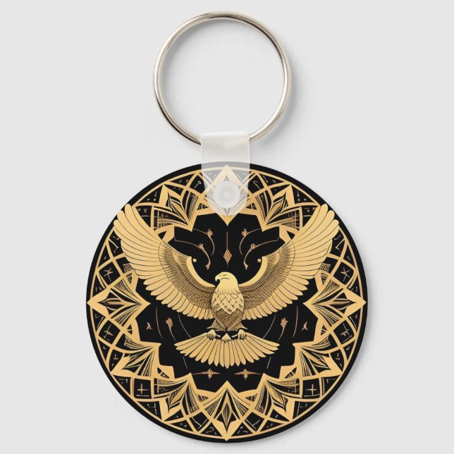 Golden Geometric Eagle on Mandala Keychain (Front)