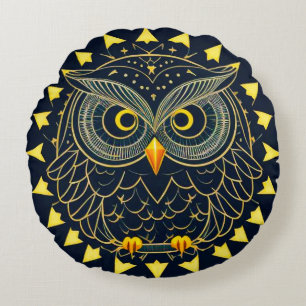 Golden Geometric Owl animal lover Round Pillow