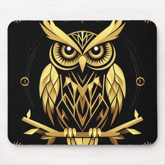 Golden Geometric Owl Illustration Mouse Pad (Front)