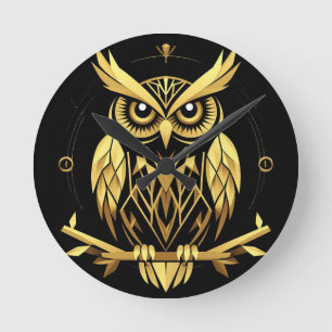 Golden Geometric Owl Illustration Round Clock