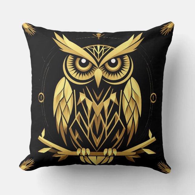Golden Geometric Owl Statement Home Decor Accent Throw Pillow (Front)