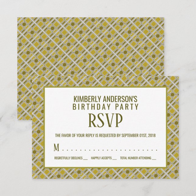 Golden Geometric Pattern, Modern Birthday RSVP Invitation (Front/Back)