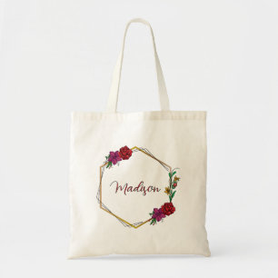 Golden Geometric Rose Personalized Floral Name Tote Bag