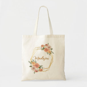 Golden Geometric Roses Personalized Floral Name Tote Bag