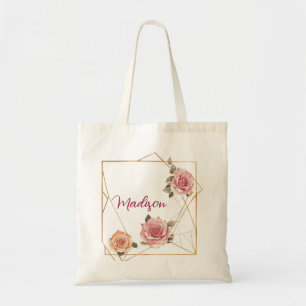 Golden Geometric Roses Personalized Floral Name Tote Bag