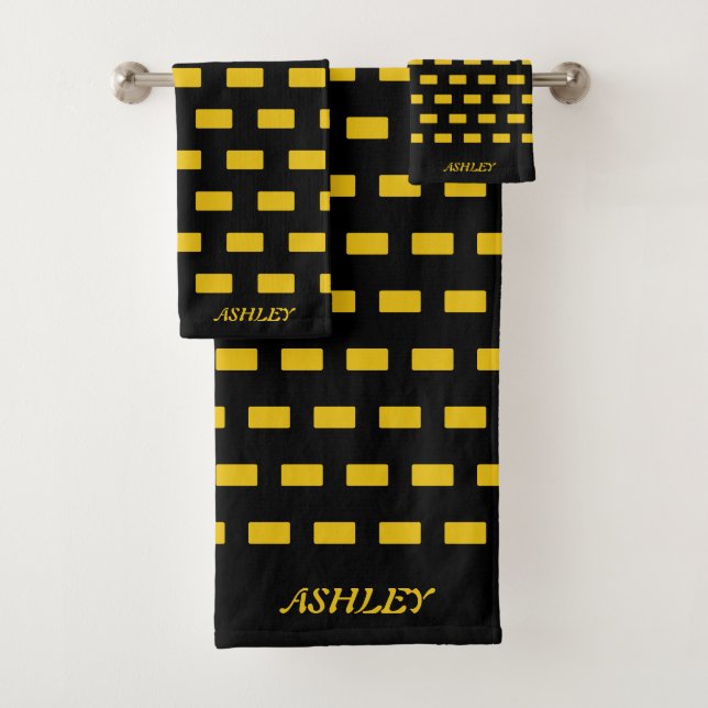 Golden Geometric Shapes on Black Bath Towel Set (Insitu)