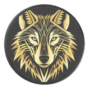 Golden Geometric Wolf Illustration Hockey Puck